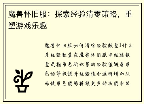 魔兽怀旧服：探索经验清零策略，重塑游戏乐趣